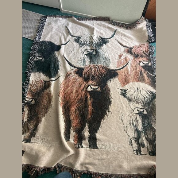 Highland Cow Cotton Woven Throw Blanket Fringe Farmhouse Rustic Decor - Picture 4 of 4